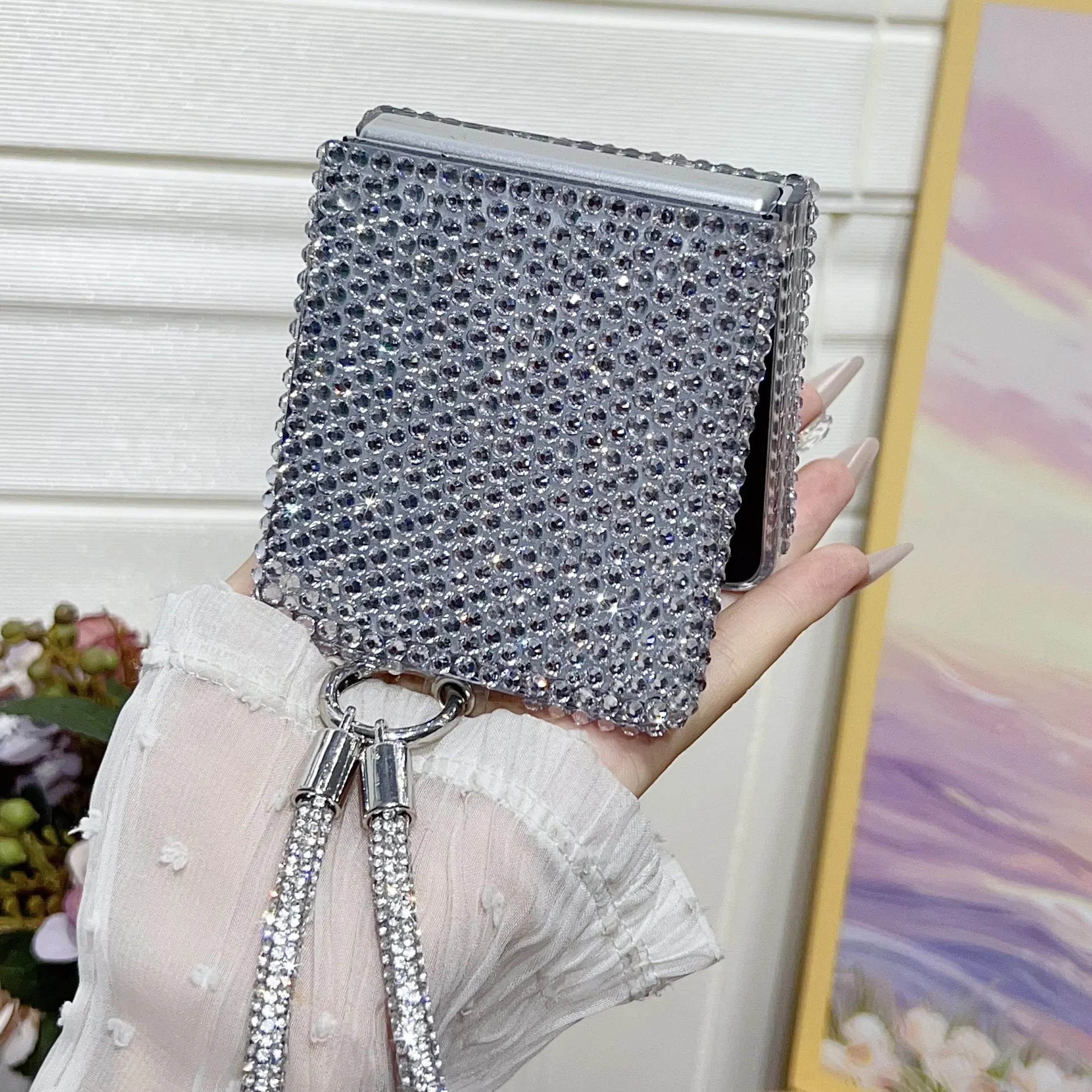 Color: Beige, Material: CANVAS - Full Shiny Diamonds Cover Funda For Samsung Galaxy Z Flip 7 Wrist Strap Case For Samsung z flip 6 zflip5 zflip4 3 Luxury Case