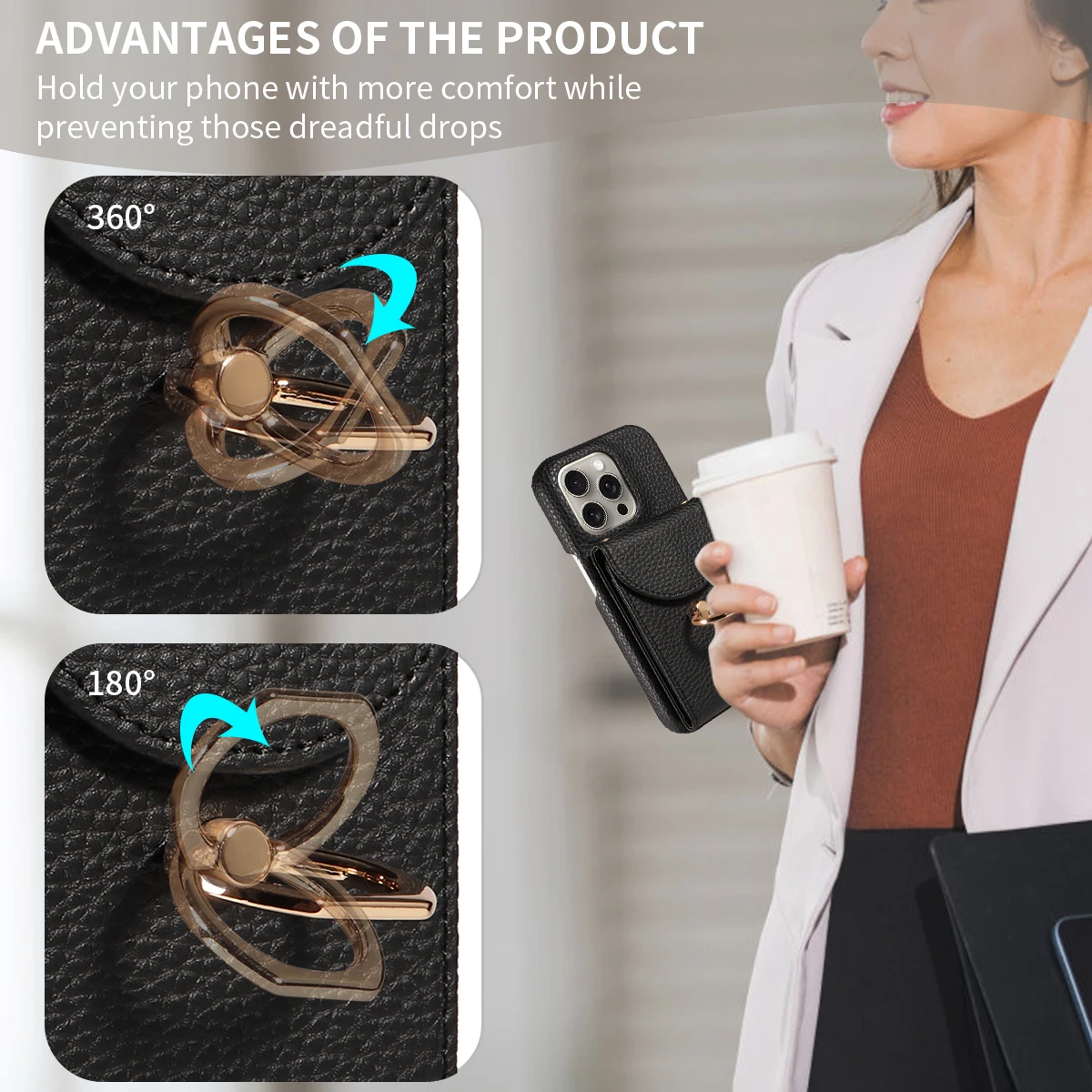 Color: Beige, Compatible-Phone Models: For iPhone 14 Pro, Bundle: Case & Strap, Material: Artificial Leather - High Quality Ring Stand Lychee Pattern Phone Case for IPhone16promax15 14 13 Crossbody with Lanyard PU Leather Anti-fall Cover