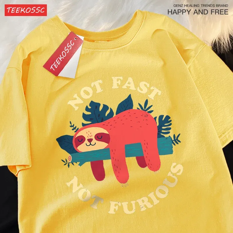 Color: Dark Grey, Size: M - Not Fast Not Furious Cute Sloth Male T Shirts Hip Hop Crewneck Short Sleeve Summer Cotton Tops Casual Sweat Oversized T-Shirts