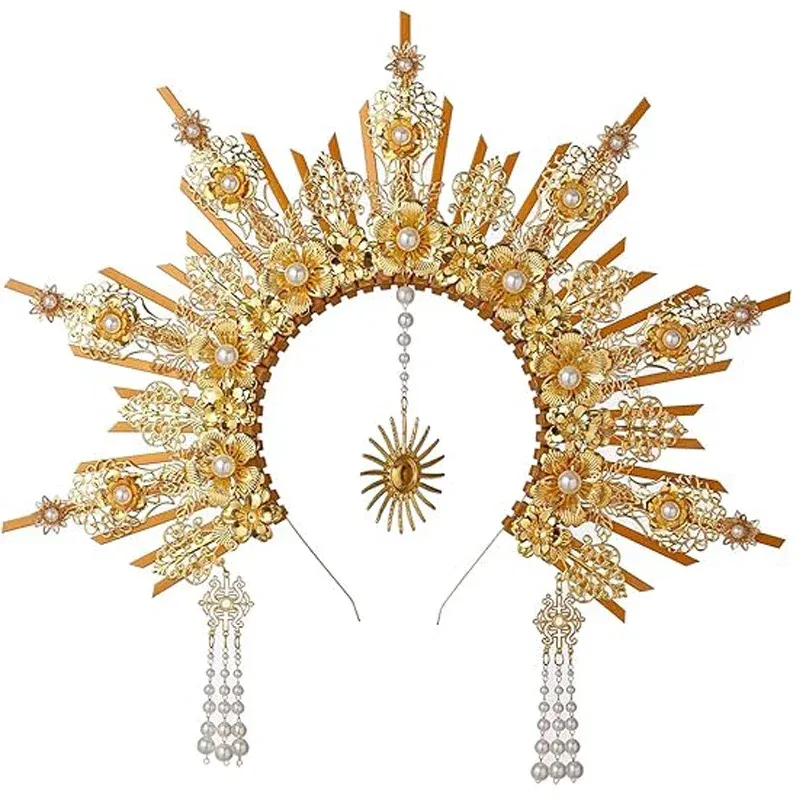 Color: Pink - MATERIAL  PACKAGE Sunburst Goddess Gold Spike Mary Halo Crown Headpiece NYLON ZIP TIE Wedding Bride Hair Band Tiar