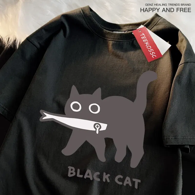 Color: Dark Grey, Size: M - Fun A Black Cat Eating Fish Japanese Style Men Women T-Shirt Fashion Print T Shirt Breathable Oversize T-Shirts Cotton Clothes