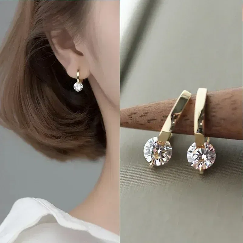 Metal Color: Hot Stamping - 2024 New Fashion Gold Color Round Zircon Simple Drop Dangle Earrings for Women Charm Korean Hoop Jewelry Wedding Birthday Gift