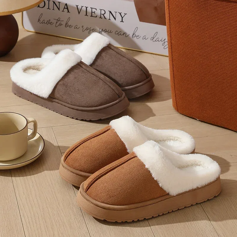 Color: Straw, Shoe Size: 36-37, Ships From: CHINA - Asgard Plush Women Slippers Thick Sole Non-slip Outdoor Fuzzy Slides Winter New Fur Collar Cotton Shoes Winter Warm Home Slipper