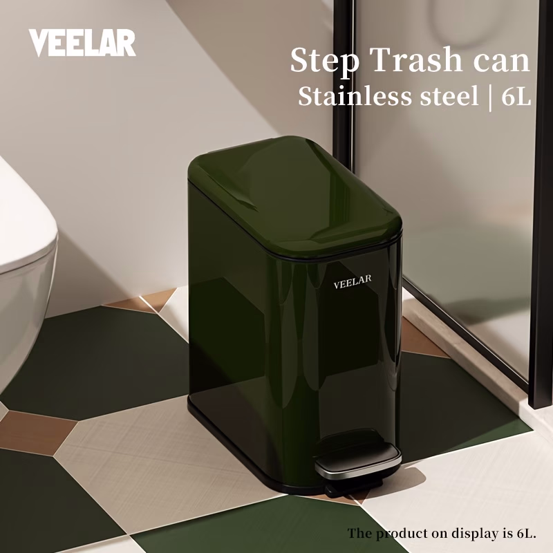 VEELAR 6L Stainless Steel Metal Trash Can with Lid & Inner Bucket – Retro Glossy Finish