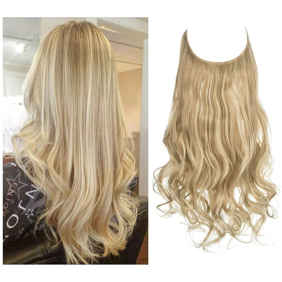 Color: P18/22, Stretched Length: 16inches - Synthetic No Clip Wave Hair Extensions Ombre Natural Black Blonde Pink One Piece False Hairpiece Fish Line Fake Hair Piece