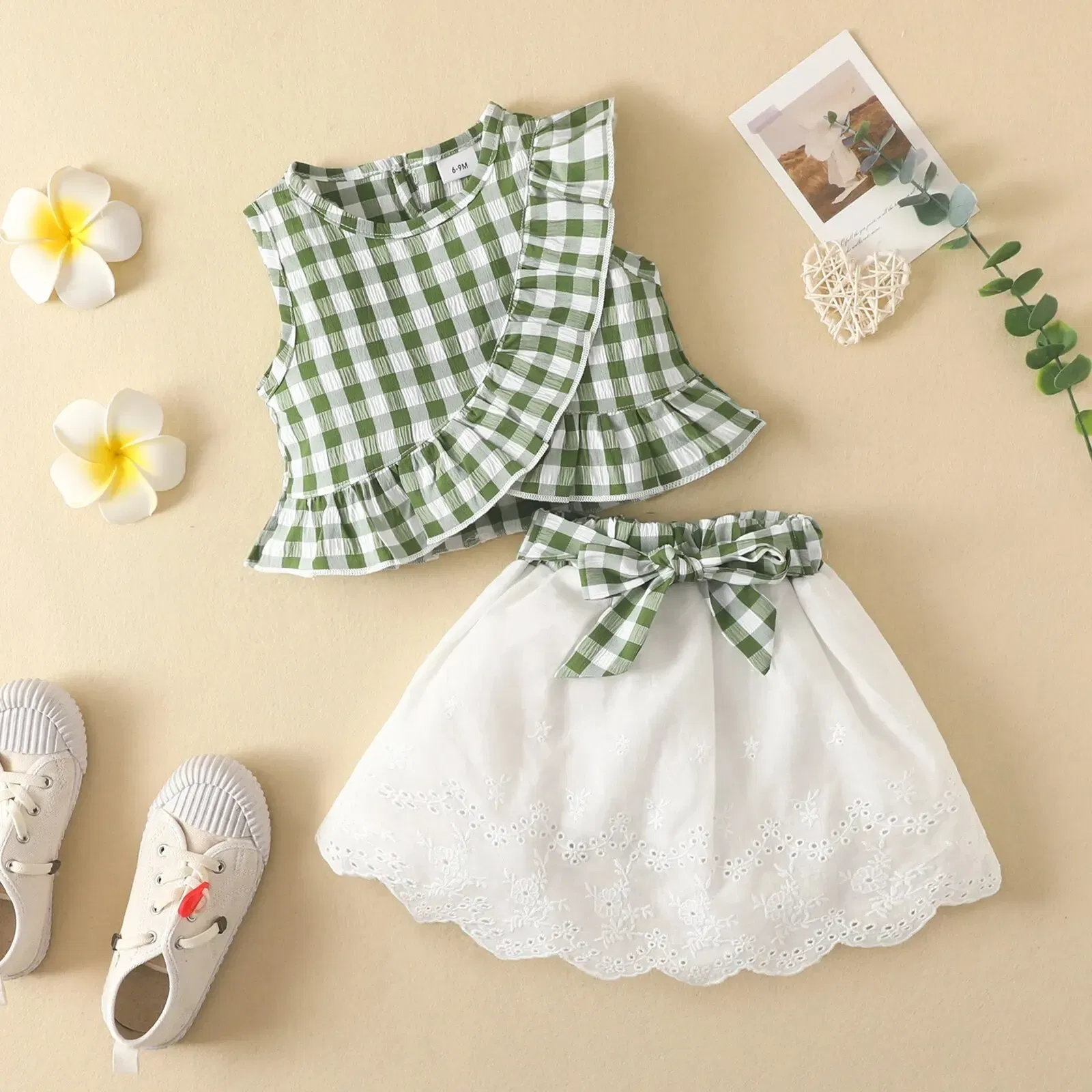 Kid Size: 4T, Color: Blue - Charming Girls' Summer Ensemble: Sleeveless Plaid Ruffle Top & Lace Hem Skirt - Comfy, Durable & Stylish