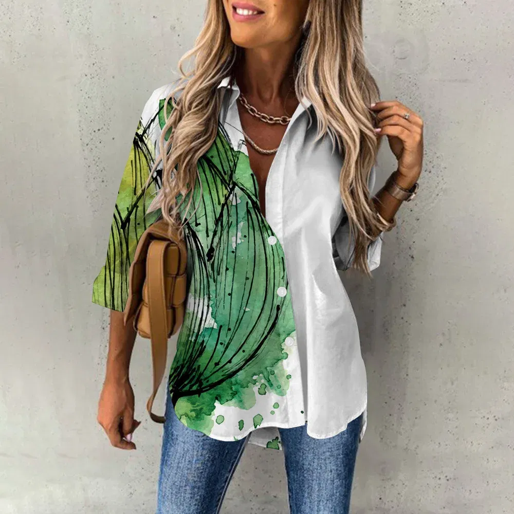 Color: SKY BLUE, Size: M - Ladies Long Sleeved Shirt Vacation Style Coconut Tree 3D Digital Printed Button Up Collar Loose Casual Ladies Blouse 2024 Autumn