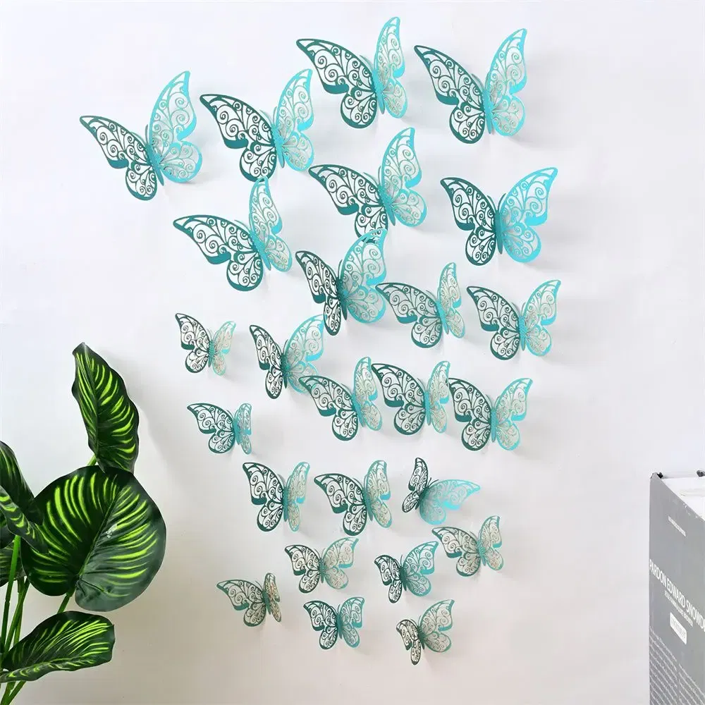 Color: Light Grey - 12 Pieces 3D Hollow Butterfly Wall Sticker Bedroom Living Room Home Decoration Paper Butterfly