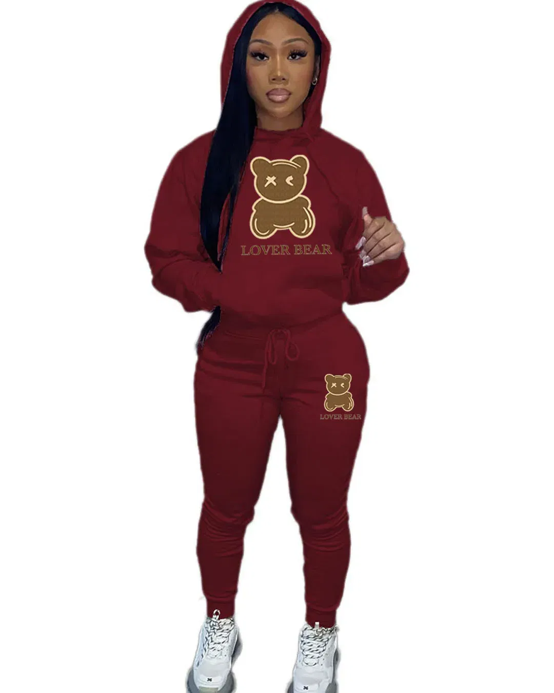 Color: Claret, Size: M - 2 Piece Set Women Outfit Letter Bear Print Hooded Neck Hoodies Sweatshirt Pants Tracksuit 2024 Plus Size Streetwear Casual Suit