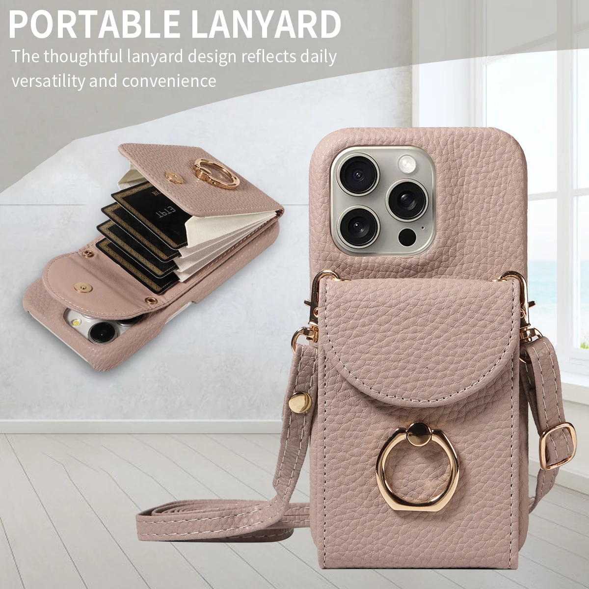 Color: Khaki, Compatible-Phone Models: For iPhone 16, Bundle: Case & Strap, Material: Artificial Leather - High Quality Ring Stand Lychee Pattern Phone Case for IPhone16promax15 14 13 Crossbody with Lanyard PU Leather Anti-fall Cover