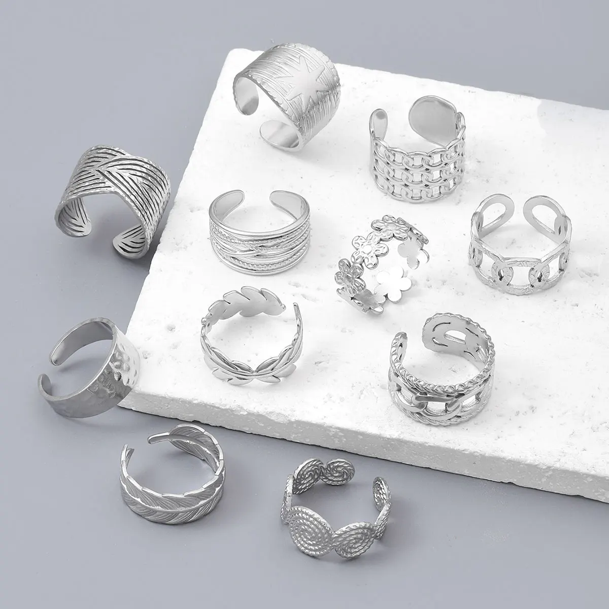 Main Stone Color: WHITE, Ring Size: resizable - Never Fade Stainless Steel Flower Woven Star Rings Boho Women Jewelry Fashion Ring Adjustable Size Birthday Gifts Top Quality