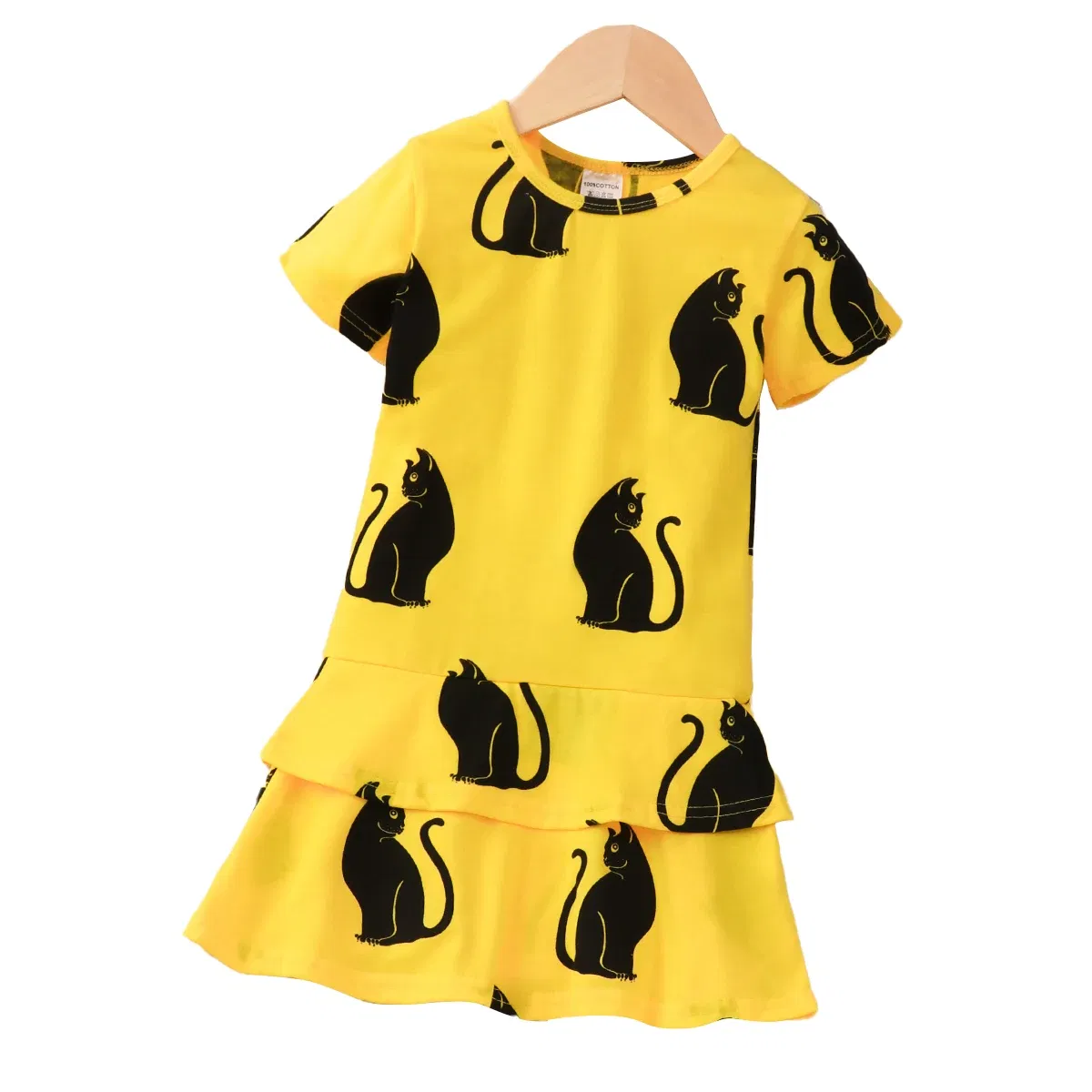 Color: Yellow, Kid Size: 4T - 2024 Children Dress Summer Girl Kids Dress for Very Elegant Party Black Cat Print Splice Belted A-line Skirt Girl Clothing