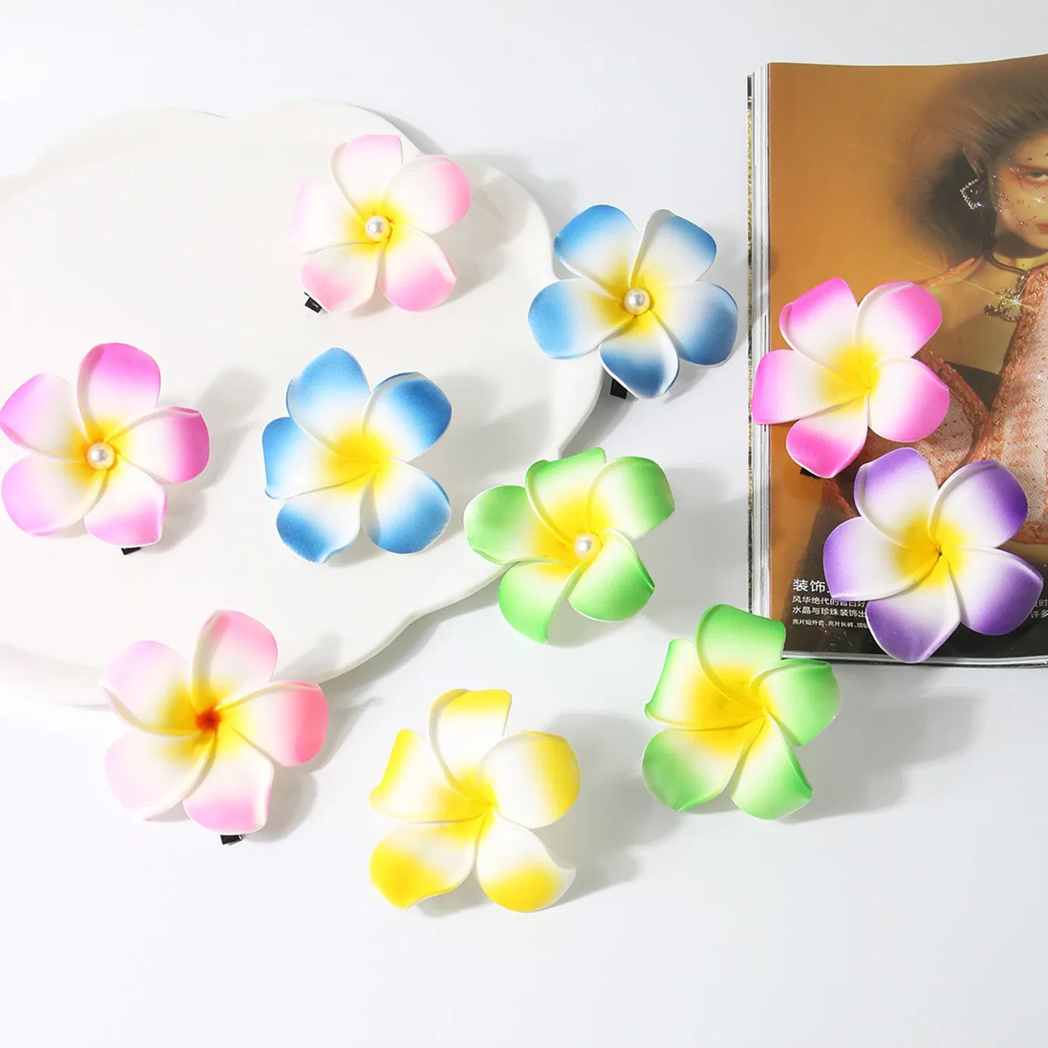 Color: green - 5.5/7/8/9cm Plumeria Flower Hair Clips For Girls Women Hairpins Egg Flower Barrette Hawaiian Wedding Artificial Headwear