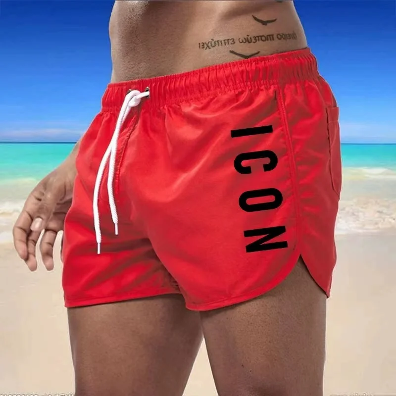 Color: Pink, Size: L - ICON Summer men's luxury beach pants clothing quick dry gym jogging sexy shorts vacation casual swimming trunks