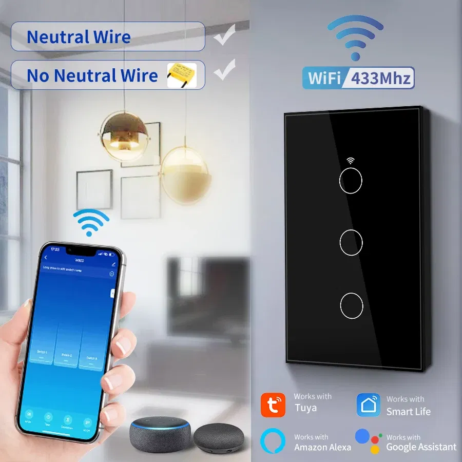 Color: PURPLE, Size: 4XL - Tuya Smart Wifi Touch Switch Neutral Wire/No Neutral Wire Required US 1/2/3/4 Gang Light Switch For Alexa Google Home Alice