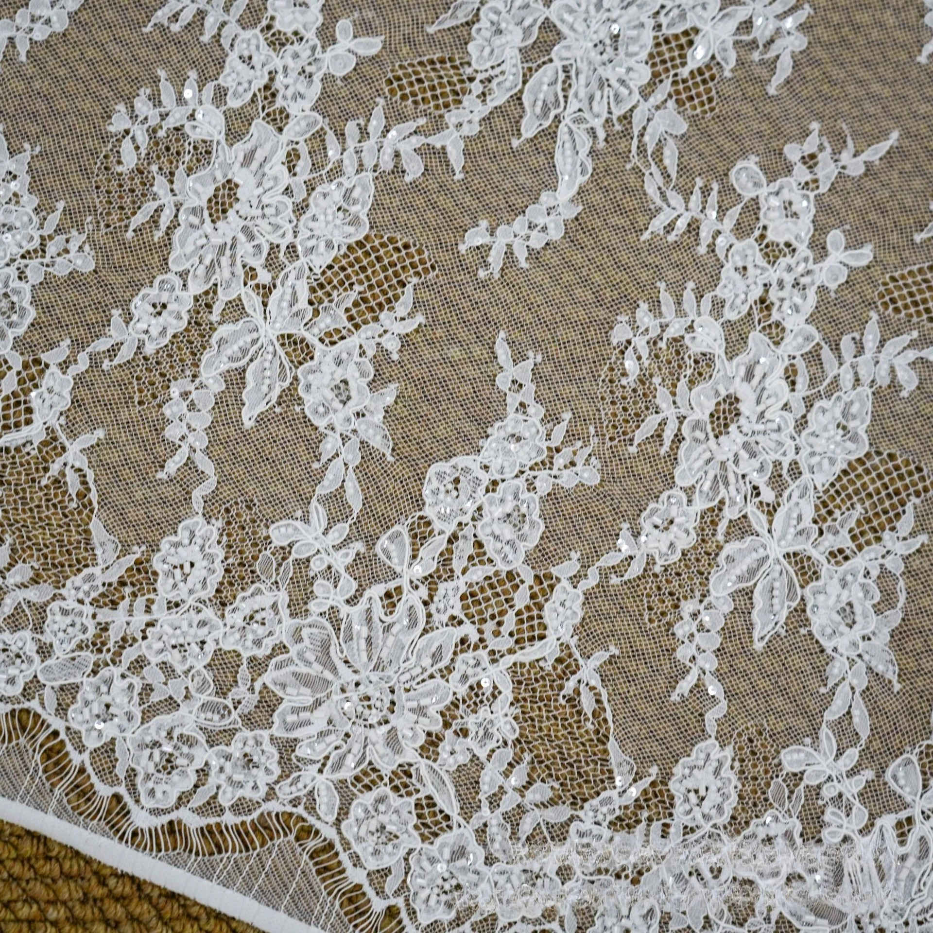 3 Meters One Pc Off-white Classic Fashion Wedding Dress Clothing French Style Soft Embroidery Beaded Lace Fabric