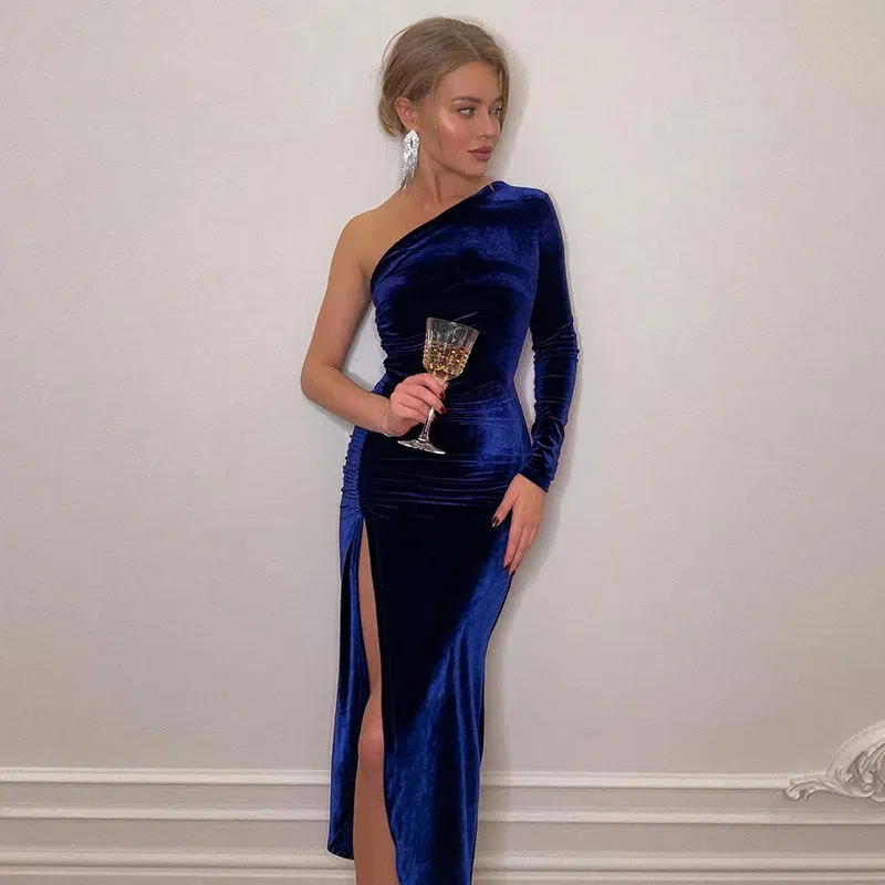 Color: Red, Size: M - Women Elegant Long Sleeve Party Evening Velvet Bodycon Split Pencil Midi Dress Spring Autumn Clothes