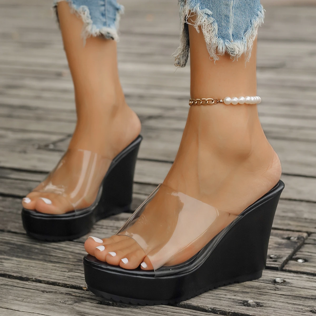 Color: black, Shoe Size: 40 - 2024 Women Sandals New Casual Heels Woman Transparent Platform Wedges Non-slip Shoes Ladies Summer High Heel Large Size 35~43