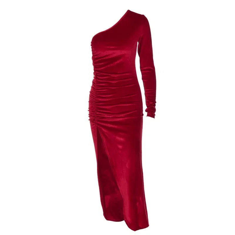 Color: Red, Size: M - Women Elegant Long Sleeve Party Evening Velvet Bodycon Split Pencil Midi Dress Spring Autumn Clothes