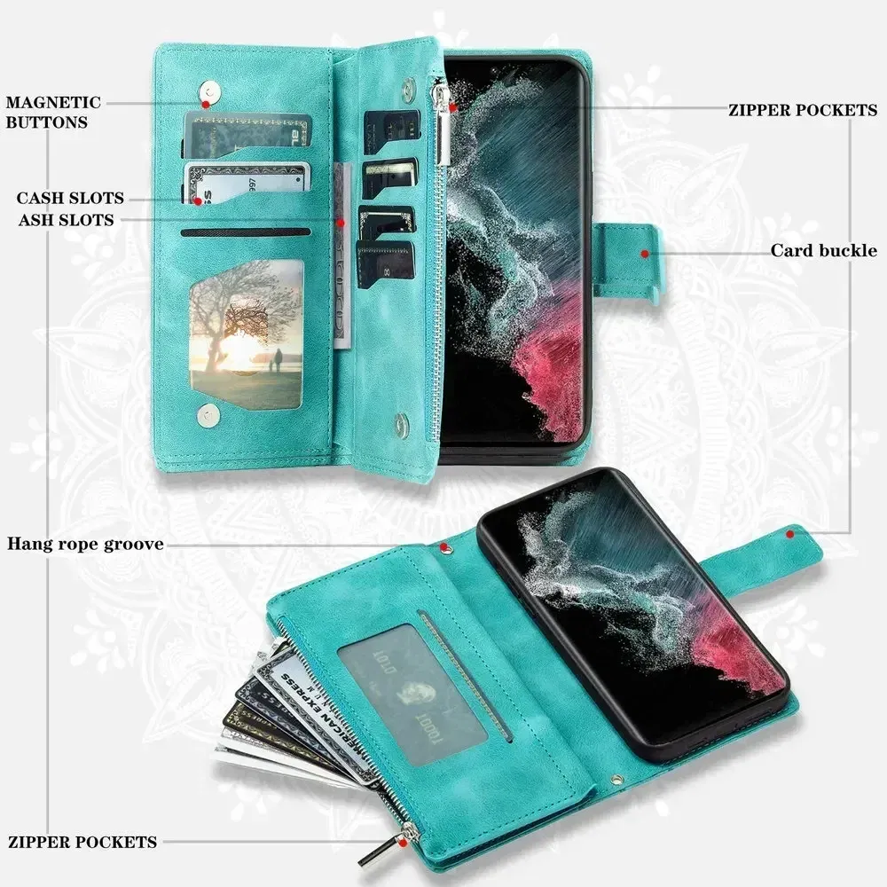 Color: PEACOCK BLUE, Material: Vinyl - S24 Ultra S23 Plus S 22 CrossBody Strap Zipper Wallet Case for Samsung Galaxy S22 S23 FE S21 S20 23 24 Ultra Note 20 Book Cover