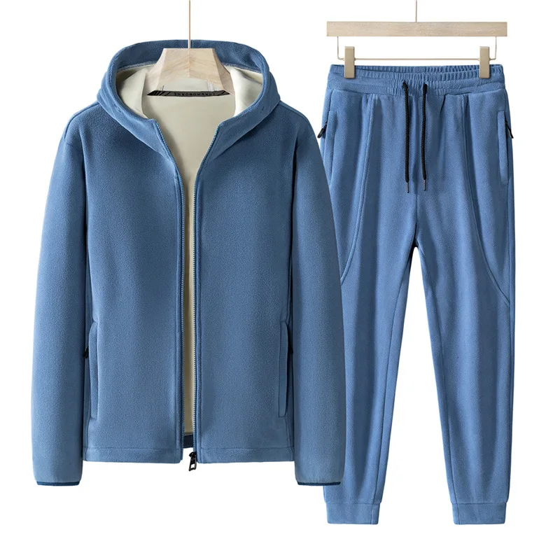 Color: Blue, Size: M - Plus Size 7xl 8xl Men's 2pcs Tracksuit Sets Winter Warm Polar Fleece Liner Jacket+pants Set Men Casual Thick Sportswear Clothes