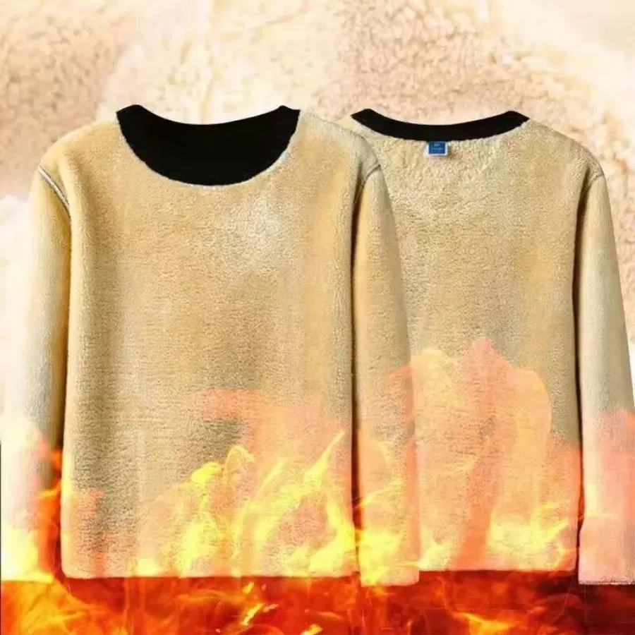 Color: black, Size: XXXL - Winter Men Fleece Sweatshirts Keep Warm Underwear Casual Solid Color Pullover Lambswool O-neck Thickened Thermal Underwear Tops