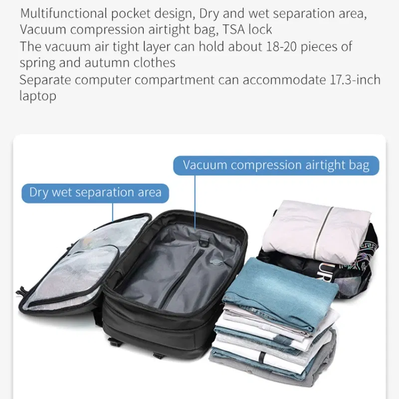 Color: black - Airback Vacuum Compression Backpack with Vacuum Pump 60L Expandable Travel Backpack for Men Women Airline Approved Business Bag