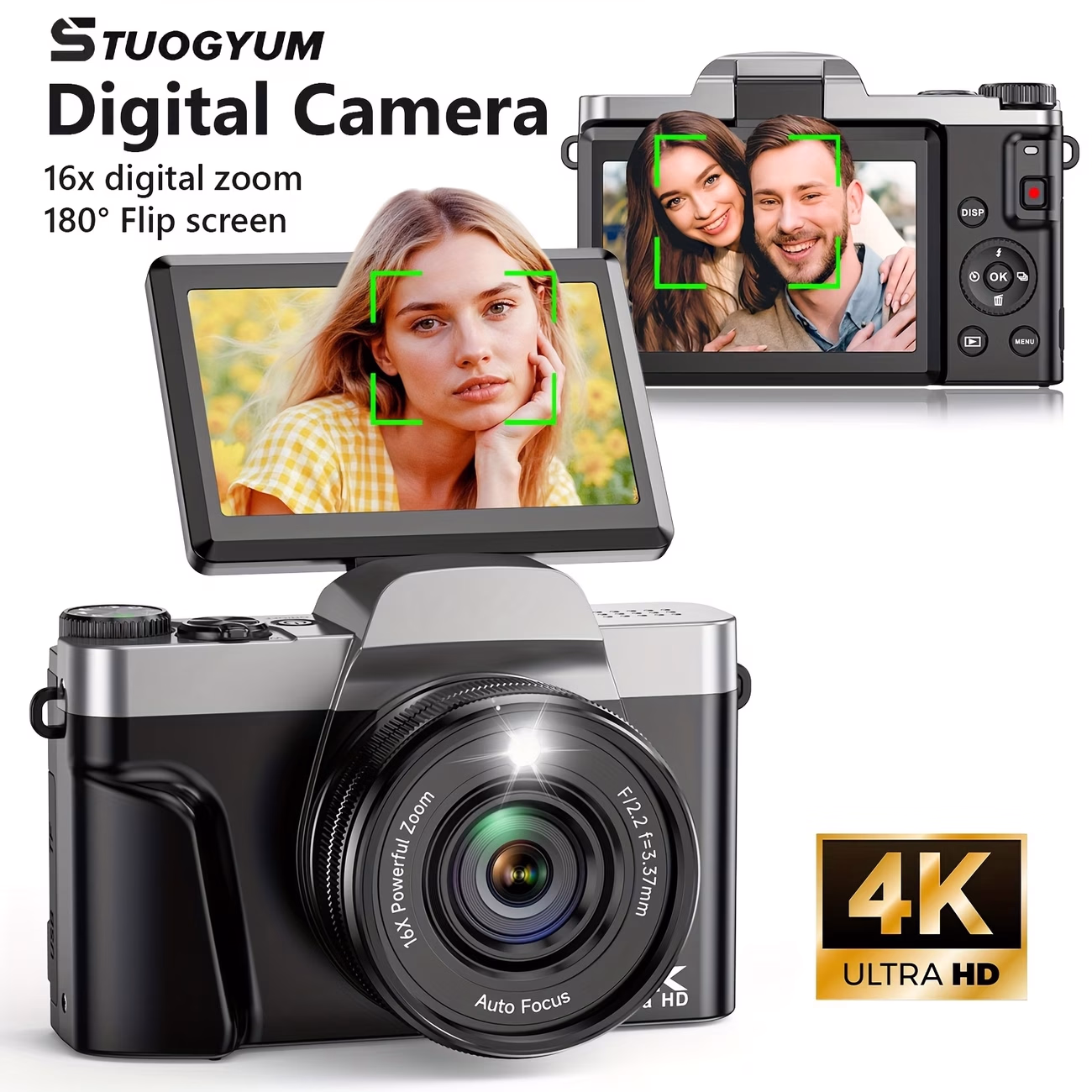 STUOGYUM® New Flip Top HD 4K Digital Camera – 64MP Autofocus DSLR Camera with 180° Flip Screen