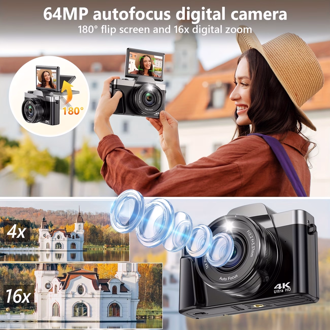 STUOGYUM® New Flip Top HD 4K Digital Camera – 64MP Autofocus DSLR Camera with 180° Flip Screen