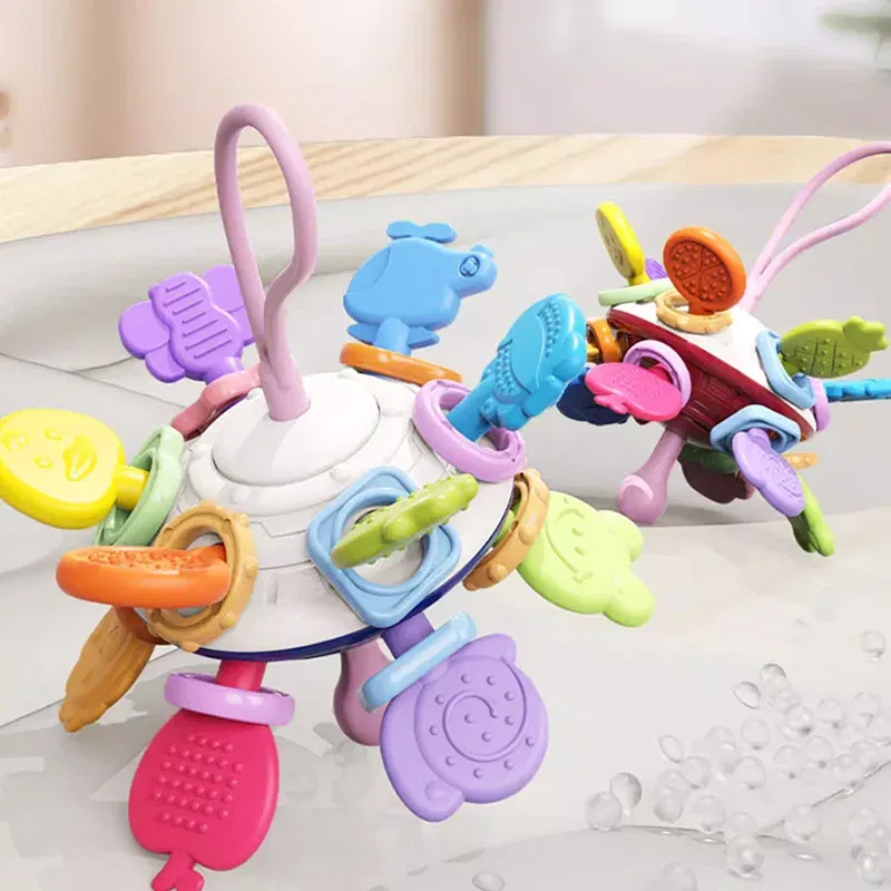 Color: Pink - Montessori Baby Toys 0 12 Months Rotating Rattle Silicone Teething Toys Ball Grasping Activity Development Baby Sensory Toy
