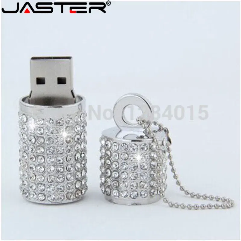Color: WHITE, Capacity: 32GB - JASTER Crystal cylindrical USB Flash Drive  fashion metal diamond pen driveu disk pendrive 4GB 8GB 16GB 32GB 64GB memory stick