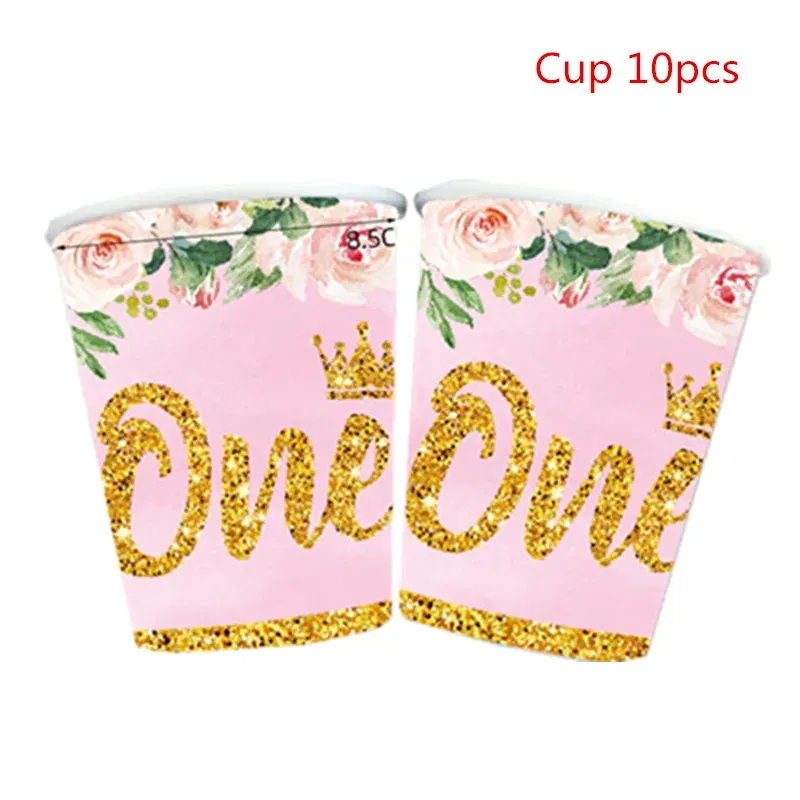 Color: Blue - Girls One First Happy Birthday Disposable Tableware  Pink Plate Napkins Cup Hat for Baby Shower 1 Year Old Birthday Party Deco