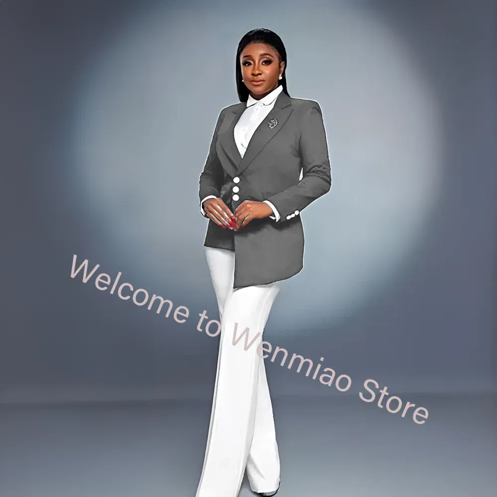 Color: GRAY, Size: 5XL - Navy Women's Blazer 2-piece Set Fashionable Jacket Pants Set Ladies Suit Formal Business Workwear Office Lady Outfit