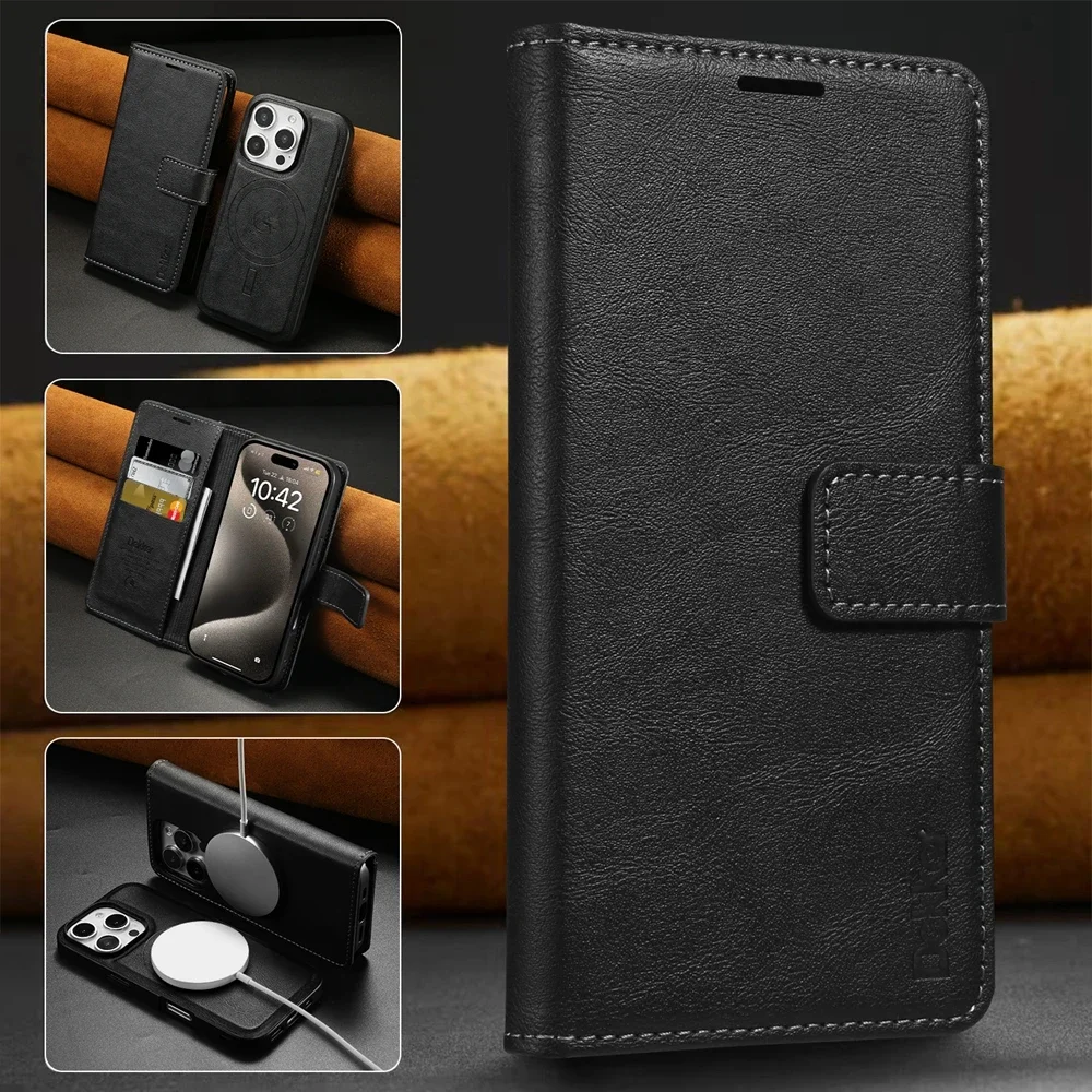 Color: black, Material: Neoprene - 2 in 1 MagSafe Wallet Case for IPhone 16 Promax 15 Plus 14 Pro Max 13 12 Iphone16 Magnetic Wireless Charging Phone Cover