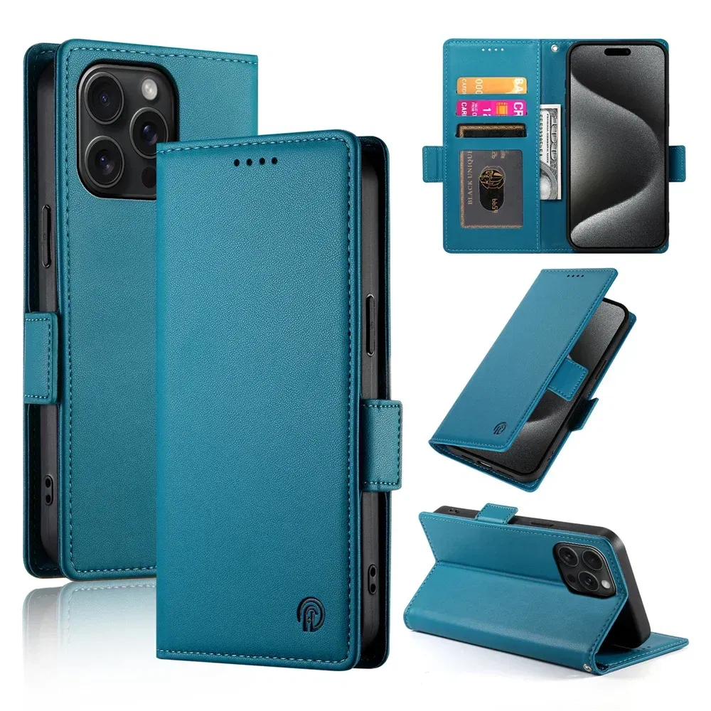 Color: Blue, Material: Vinyl - PU Leather Flip Phone Case For iPhone 16 15 Pro Max 16E 14 13 1211 XS Max XR X 8 7 Plus SE KickStand Cards Solt Wallet Cover