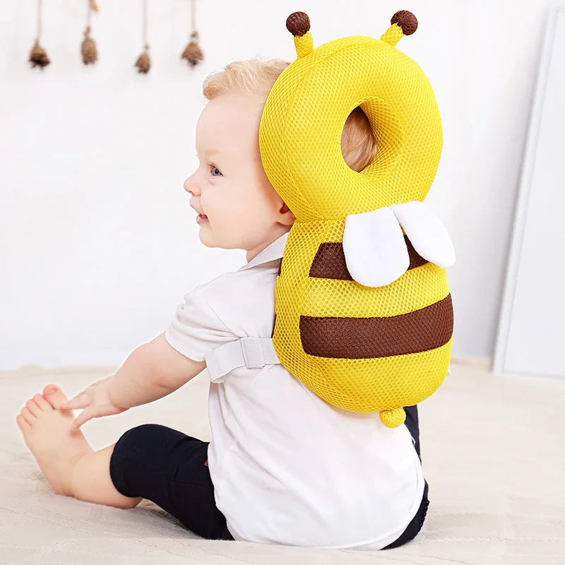 Color: GRAY - Head Back Protector Baby Protect Pillow Learn Walk Headgear Prevent Injured Safety Pad prevention Fall Cartoon Bee Kids Pillows