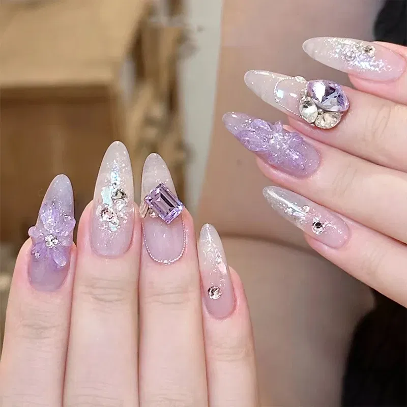 Color: Beige - 20pcs Nail Art Light Purple Sparkling Crystal Glass Diamond Violet Pointed Bottom Bare Rhinestone Gem Nail Accessories Charms