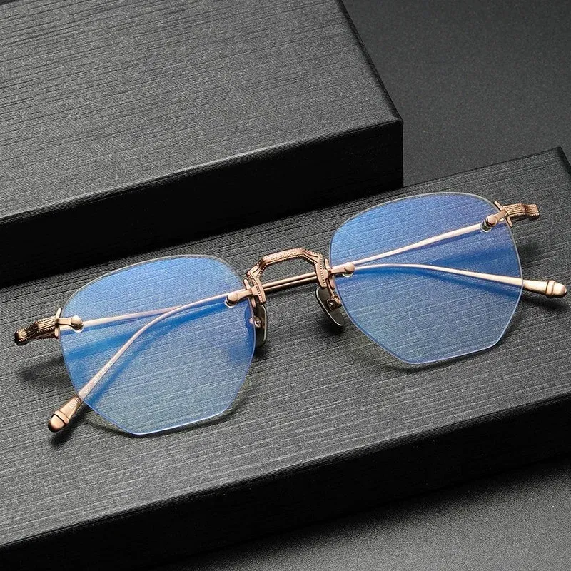 Belight Optical Japan Design Irregular Shape Ultra Light Pure Titanium Rimless Frame  Men Prescription Eyeglasses Eyewear M3104