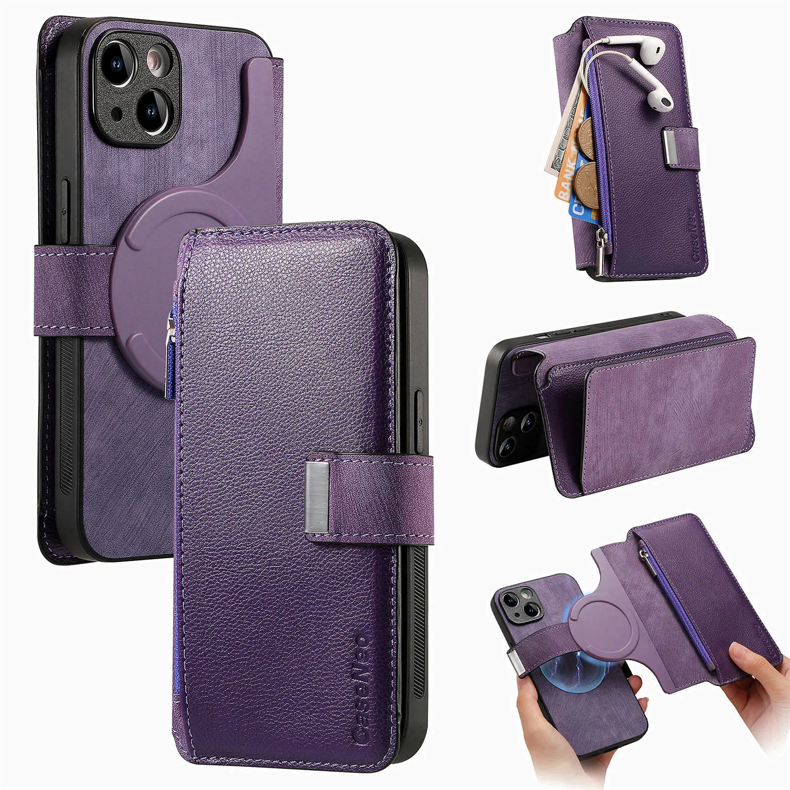 Color: black, Material: CANVAS - With Magsafe Wallet Case For Xiaomi Poco X6 X5 X3 M6 M5S M4 M3 F6 F5 Pro F3 C31 Zipper Leather Multi 6 Card Slot Removable Cover