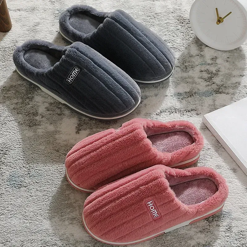 Color: Orange, Shoe Size: 38-39 - New Men Big Size 48 49 Winter Warm Slippers Women Soft Plush Furry Shoes Casual Flats Home Couples Bedroom Anti-Slip Slides