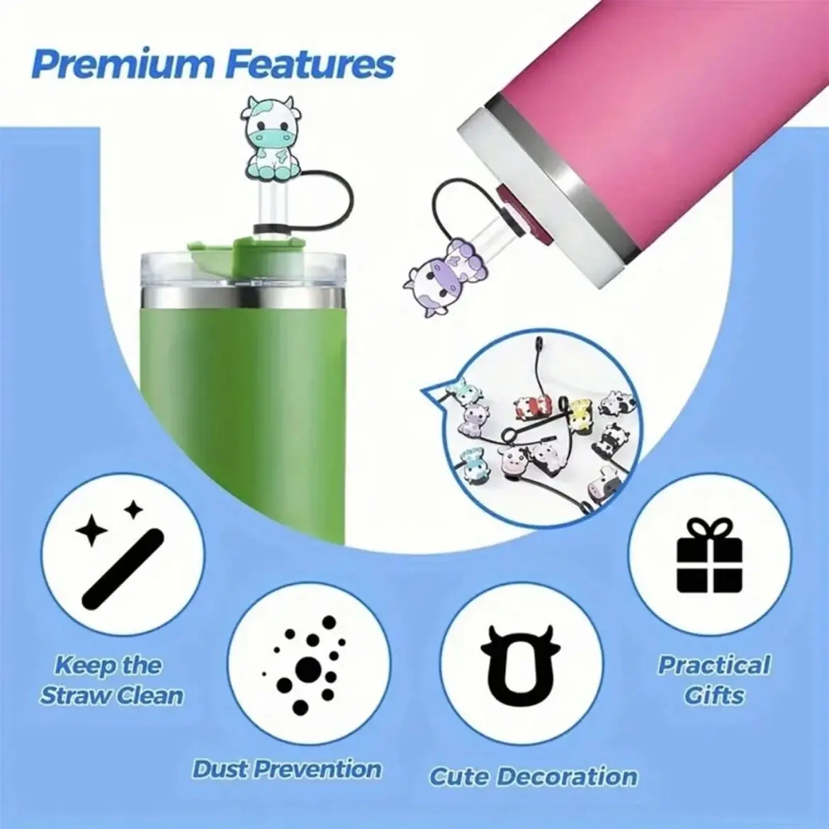 Color: light green - 1-12PCS Cute  MINISO Snoopy Straw Cover Cap With 30&40Oz Cup10mm Straw Toppers Reusable Dust-Proof Straw Caps Cartoon Drink Stra