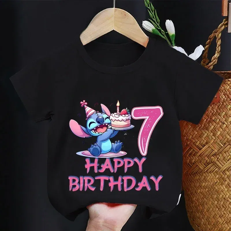 Color: army green, Kid Size: 17 - Lilo Stitch Children T-shirt Birthday 3-10 Years Boy Girl Clothing Summer Cartoon Print Tshirt Short Sleeve Cotton Top Baby Tee