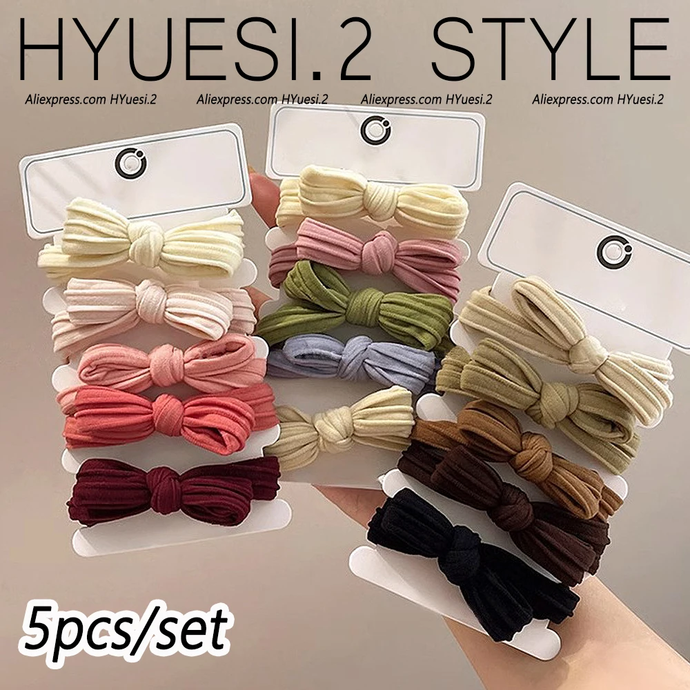 Color: GRAY - 5pcs/Set Simple Bow Hair Ties Ropes Colorful Elastic Seamless Ponytail Holder Rubber Band For Toddler Girls