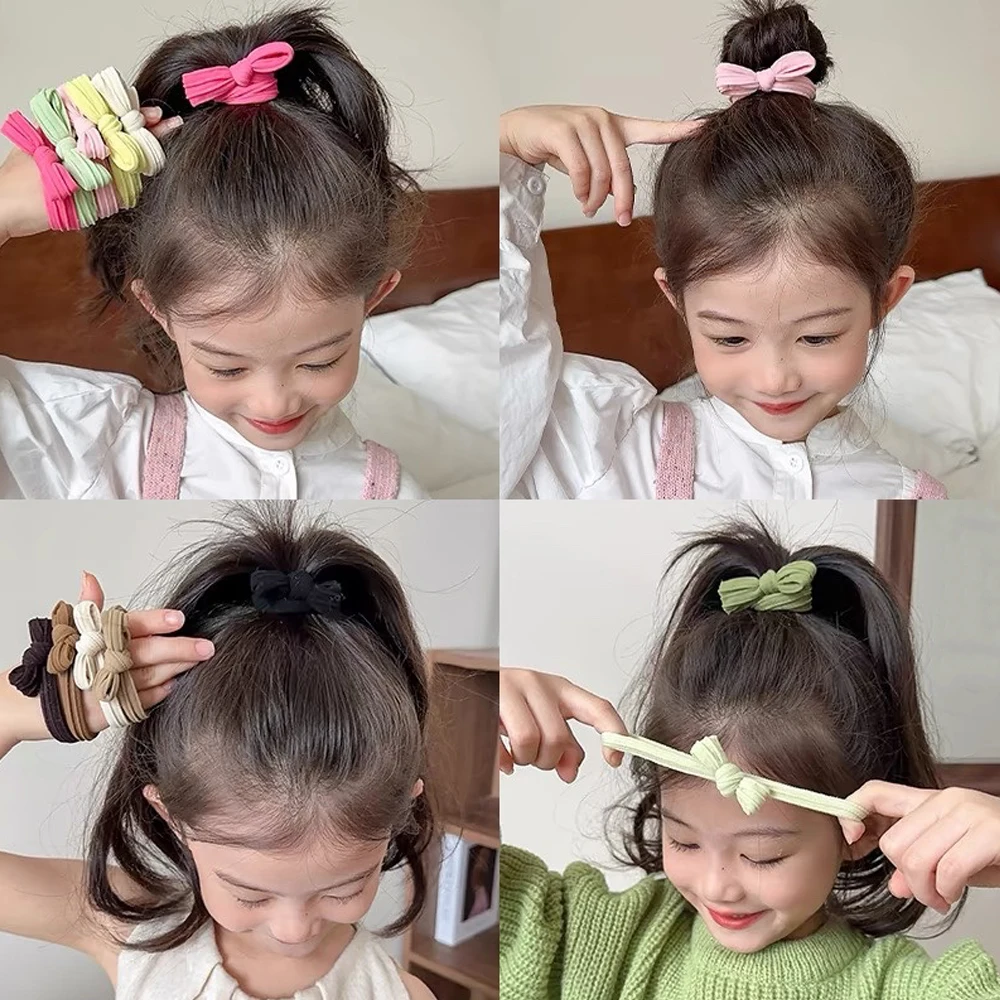 Color: GRAY - 5pcs/Set Simple Bow Hair Ties Ropes Colorful Elastic Seamless Ponytail Holder Rubber Band For Toddler Girls