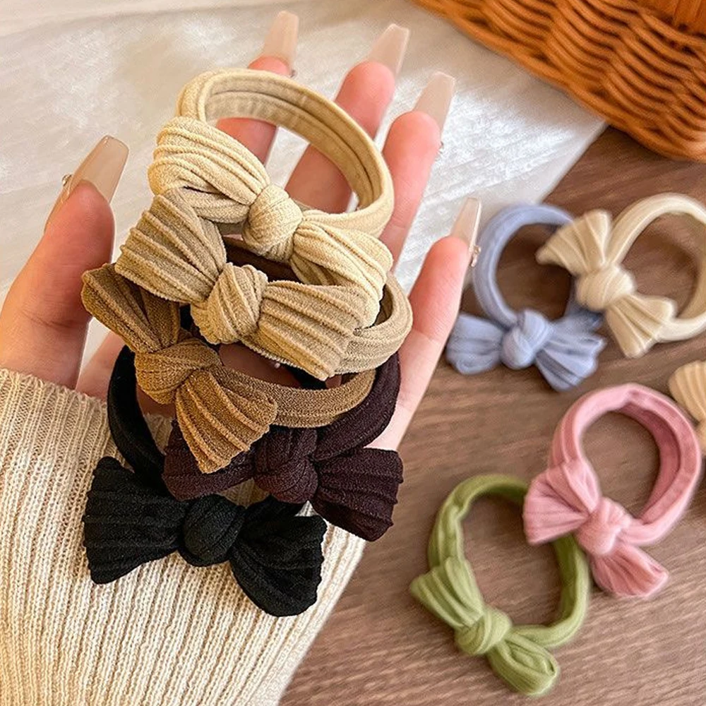 Color: GRAY - 5pcs/Set Simple Bow Hair Ties Ropes Colorful Elastic Seamless Ponytail Holder Rubber Band For Toddler Girls