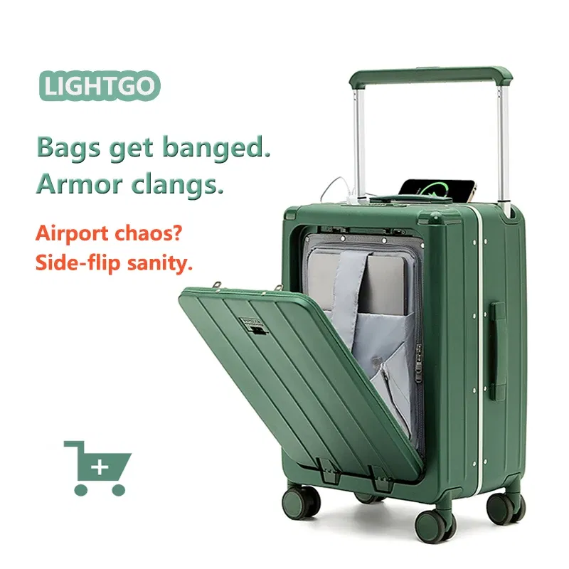 Color: green, Luggage Size: 20Inches 500mm, Ships From: CHINA - LightGo Front Access 20/26/28 Inch Carry On Luggage w/ Laptop Compartment, 2 USB-C, TSA Lock, Silent Wheels for Business Travel