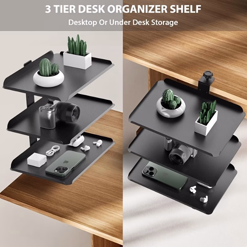 3-Tier Clamp-On Desk Shelf Organizer | Adjustable Metal Storage Tray and Headphone Stand, Office Use – Organize Your Workspace in Style