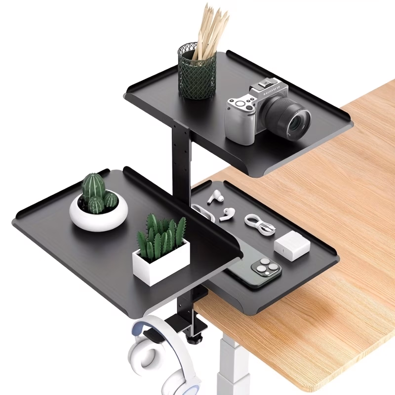 3-Tier Clamp-On Desk Shelf Organizer | Adjustable Metal Storage Tray and Headphone Stand, Office Use – Organize Your Workspace in Style