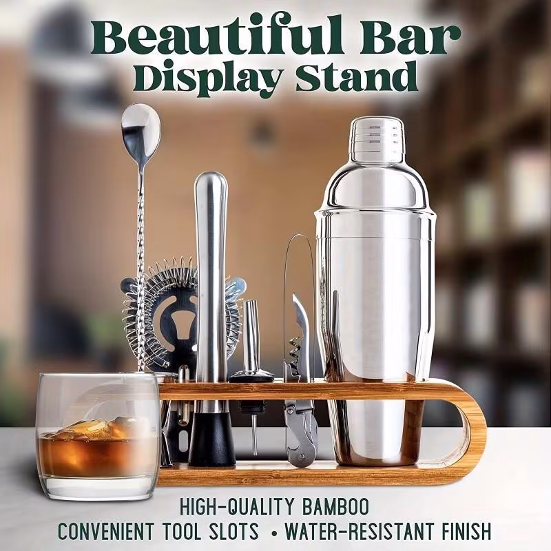 10pcs Professional Bartending Tool Set with Bamboo Stand – Complete Cocktail Making Set for Home Mixology