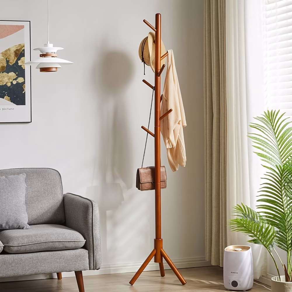 Wooden Coat Rack Stand with 8 Hooks Walnut Beech Wood Freestanding Entryway Hat and Bag Tree with Stable Base – Stylish and Practical Storage for Your Entryway